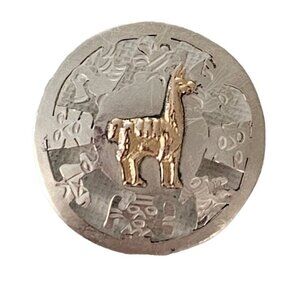 18K Gold & Sterling Silver Llama Round Tribal Mask Brooch Pendant L87